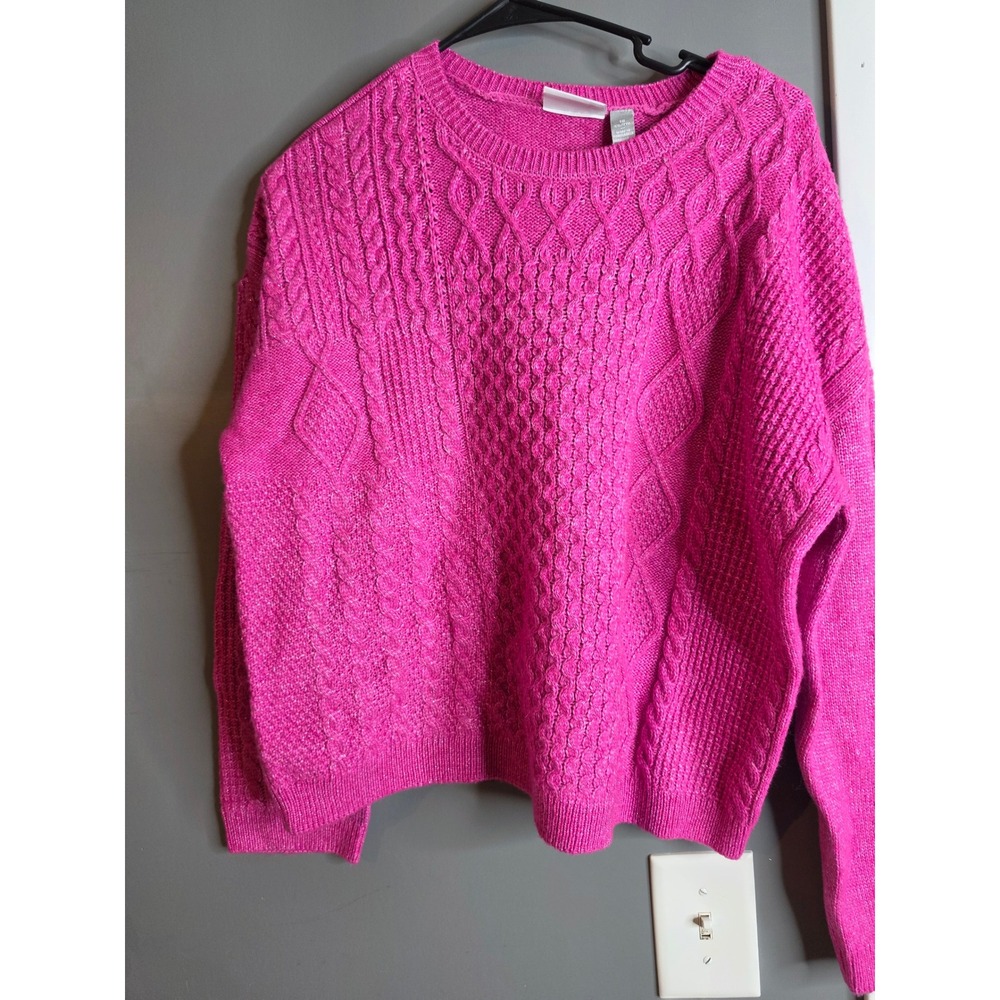 Childrens Place Girls Hot Pink Cable Knit Sweater Size 16 XXL Crew Neck Pullover